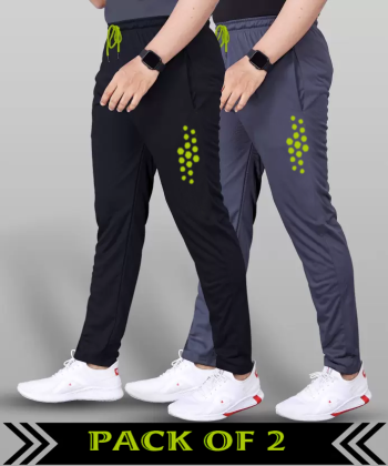 MALAKAR® Track Pants for Men || Activewear Pants || Men’s Joggers Polyester with 2 Side Zipper Pockets Casual Trousers Stretchable (Sports | Gym | Yoga) (DOT Green)(Pack of 2)